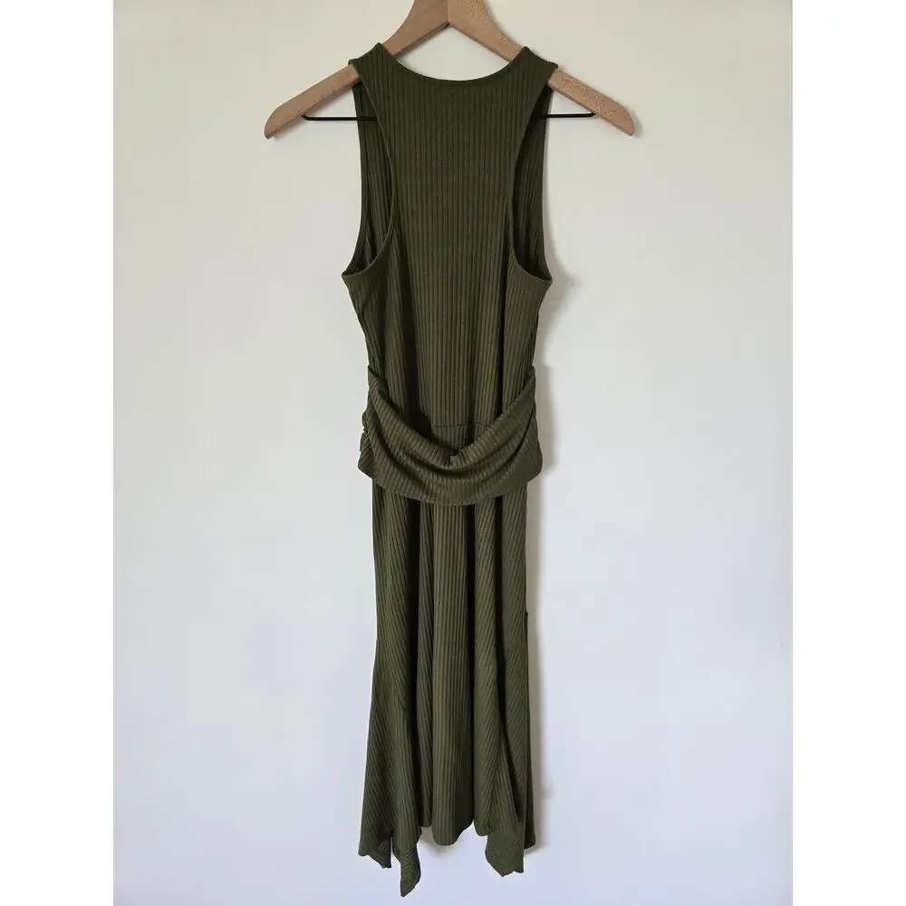 Anthropologie Olive Green Ribbed Knit Midi Dress Sz S Asym Hem Boho Chic - Picture 3 of 5